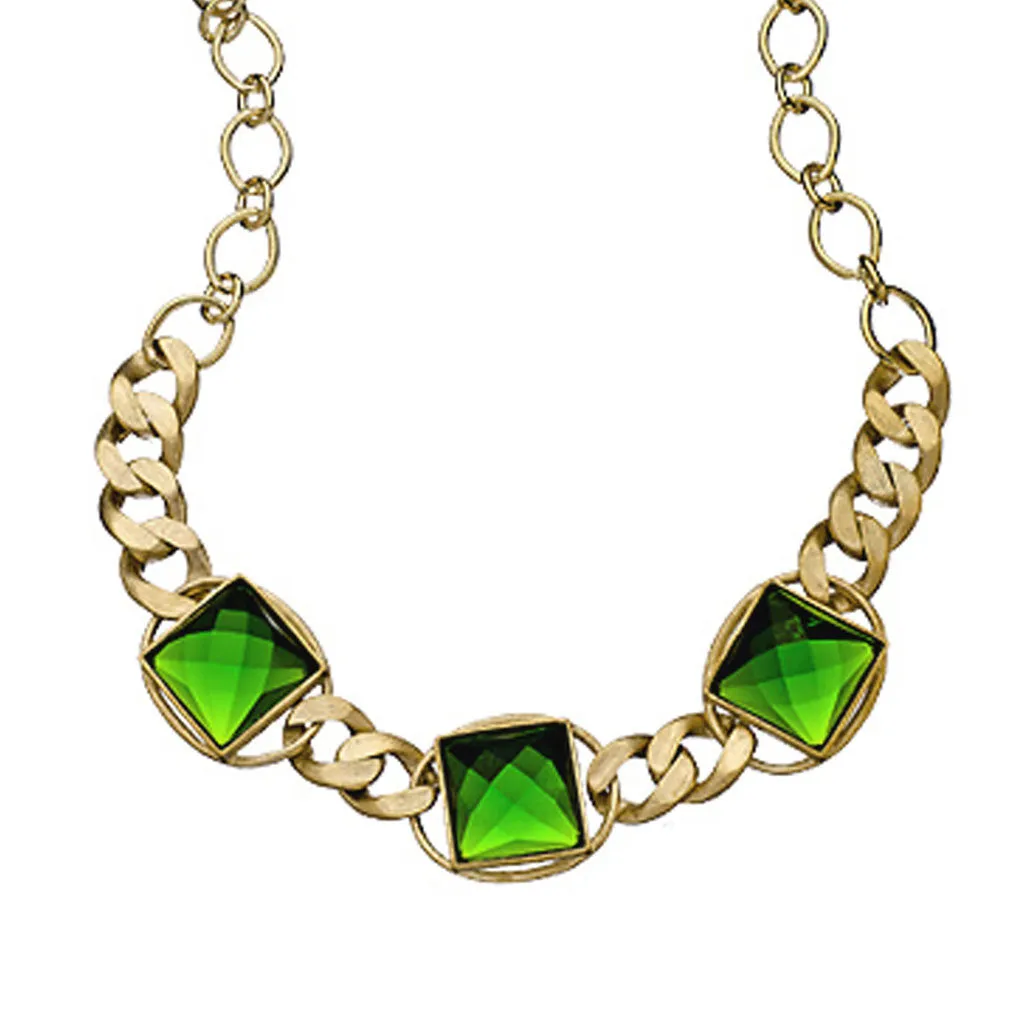 18K Yg Plated, Green Crystal Squares, Linked Candy Necklace