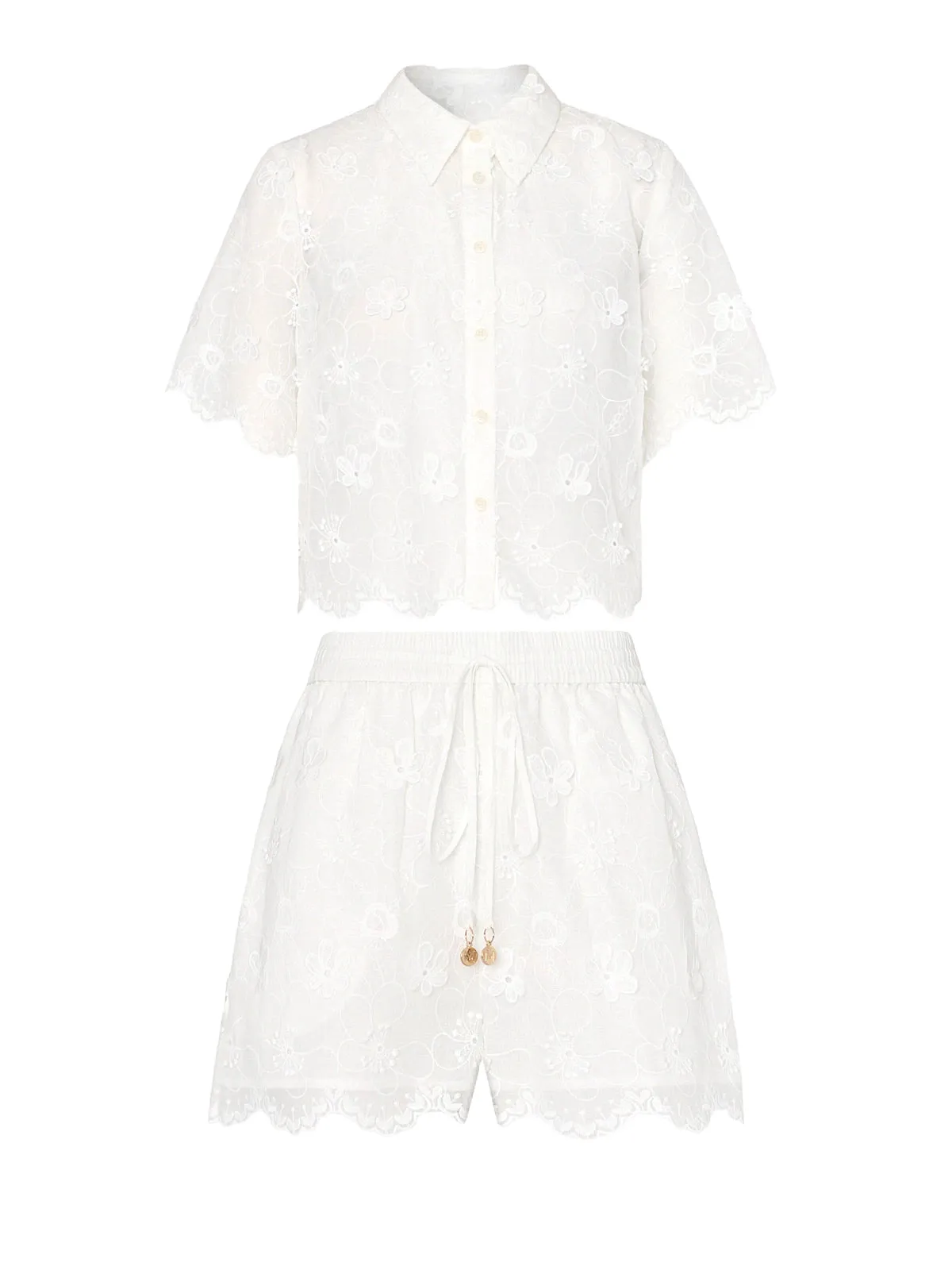 3D Floral Cotton Eyelet Button Up-3D Floral Cotton Eyelet Shorts ::RET