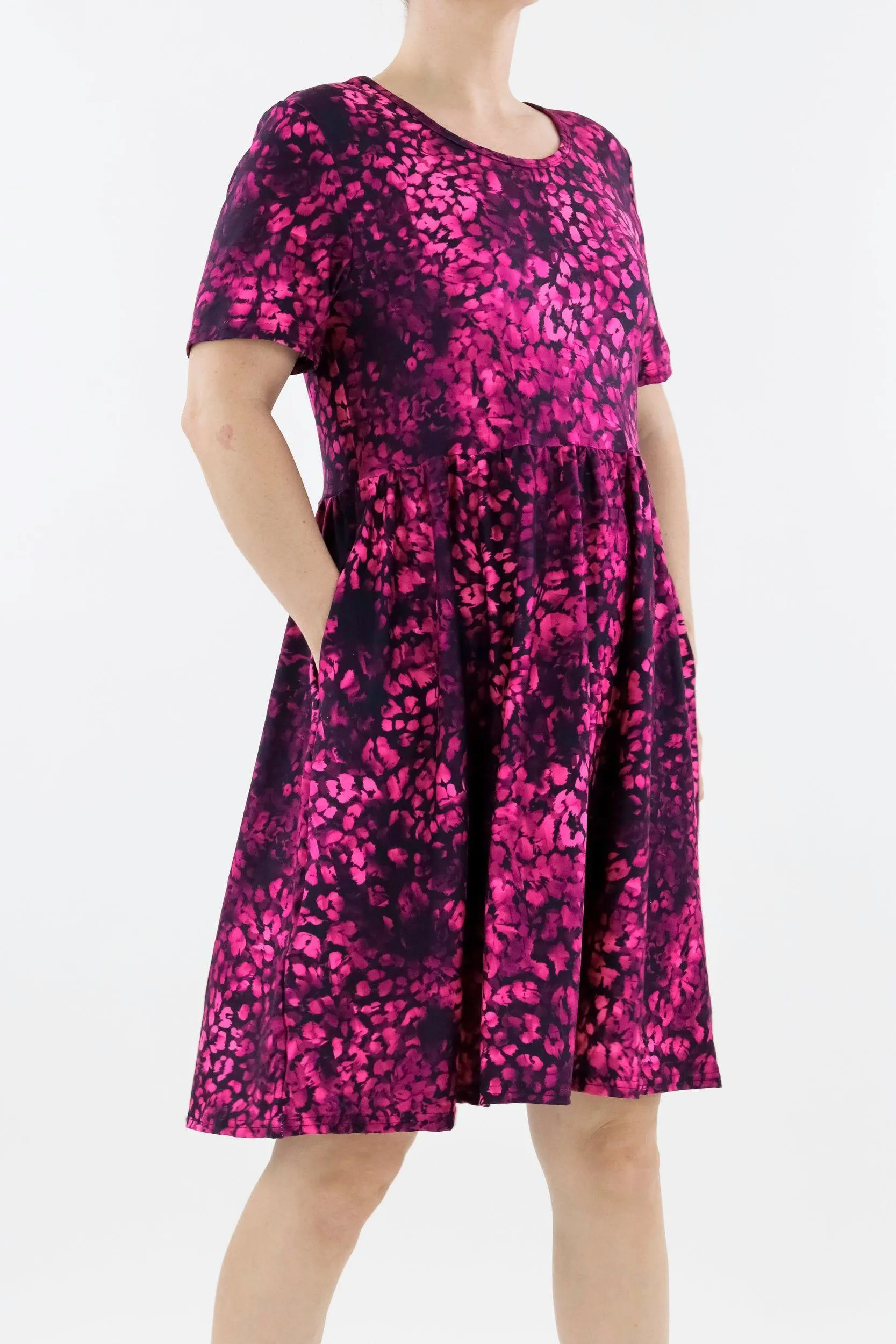 Berry Leopard - Short Sleeve Skater Dress - Knee Length - Side Pockets