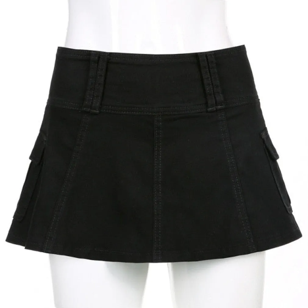 ContiNent 33 Pastel Goth Low Waist Black Micro Skirts Y2K Streetwear Pockets Patchwork A-line Skirt E-girl Aesthetics Outfits Zipper