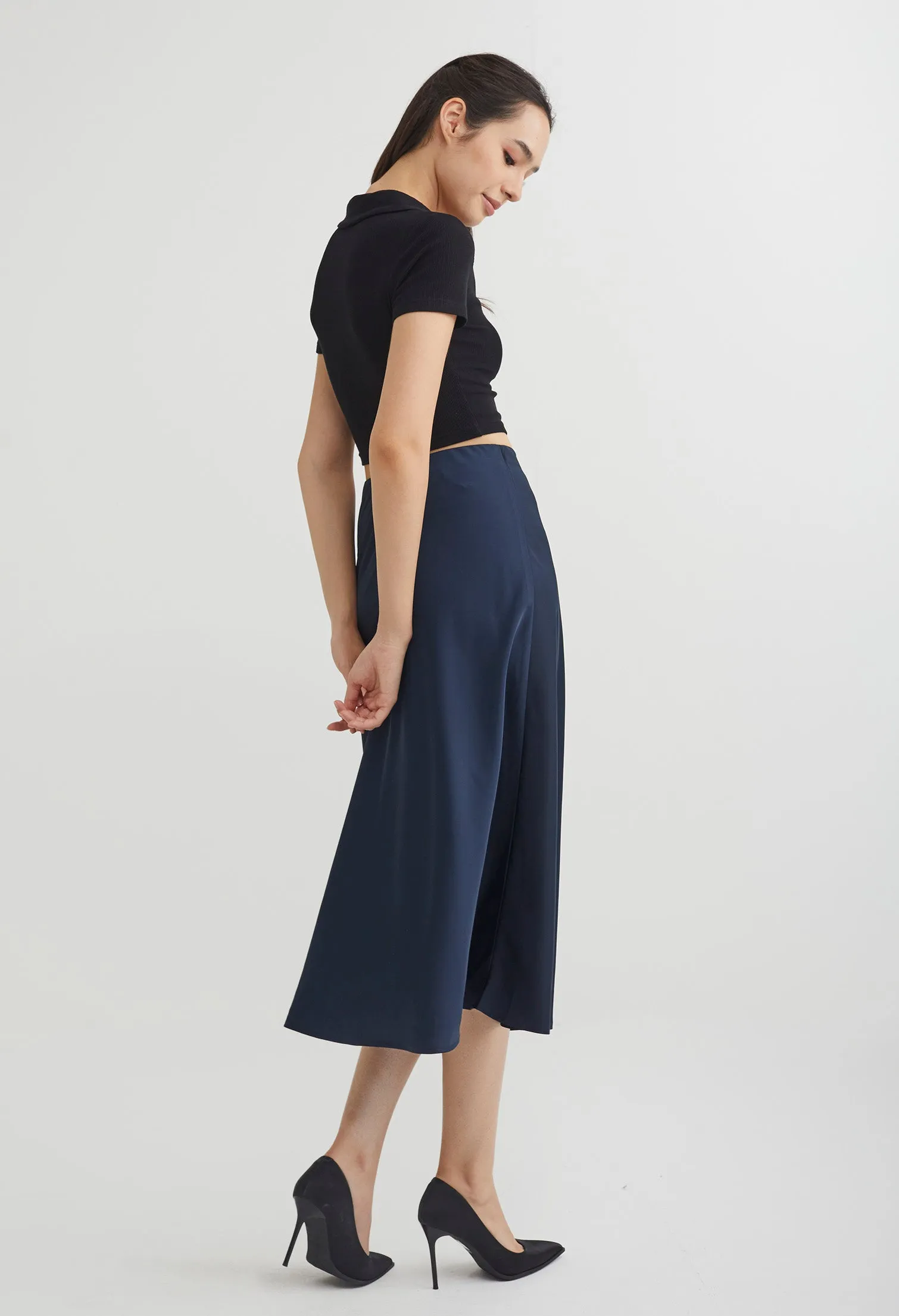 Floral Leaf Indigo Satin A-Line Skirt