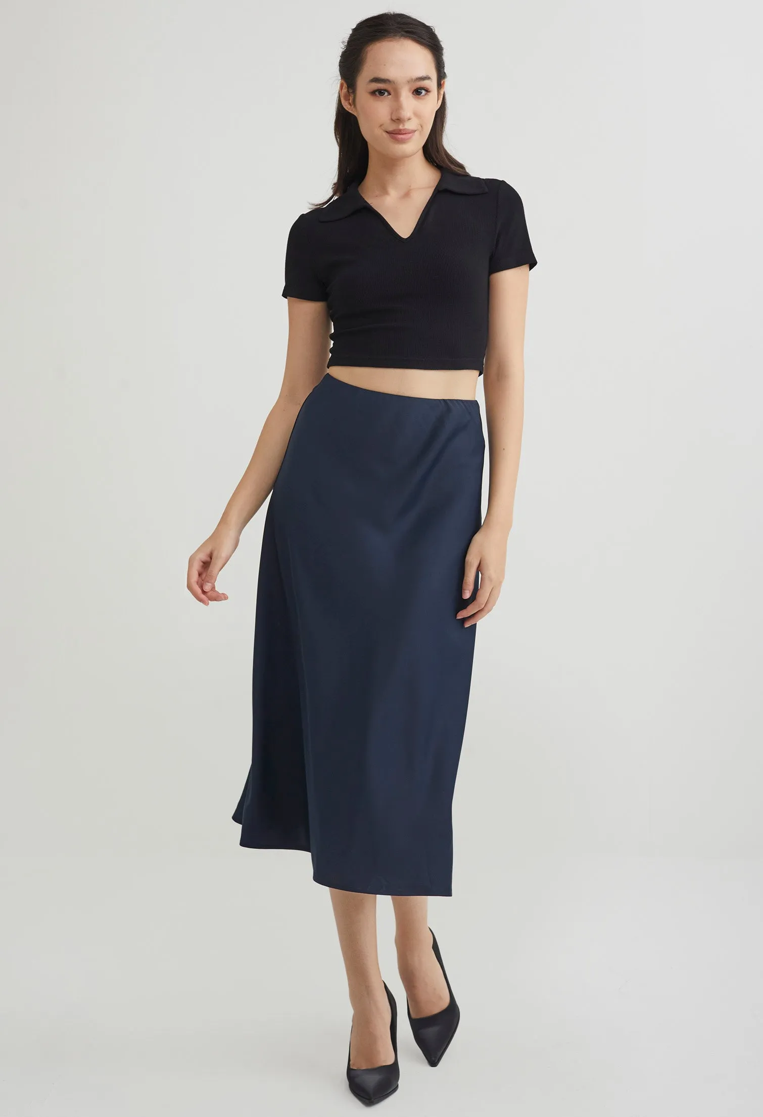 Floral Leaf Indigo Satin A-Line Skirt