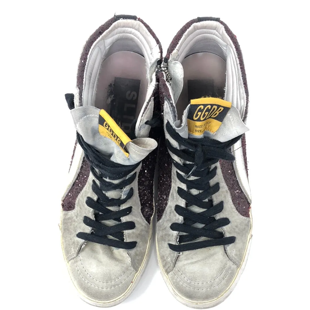 Golden Goose Maroon Glitter HIgh Top Side Zip sneaker