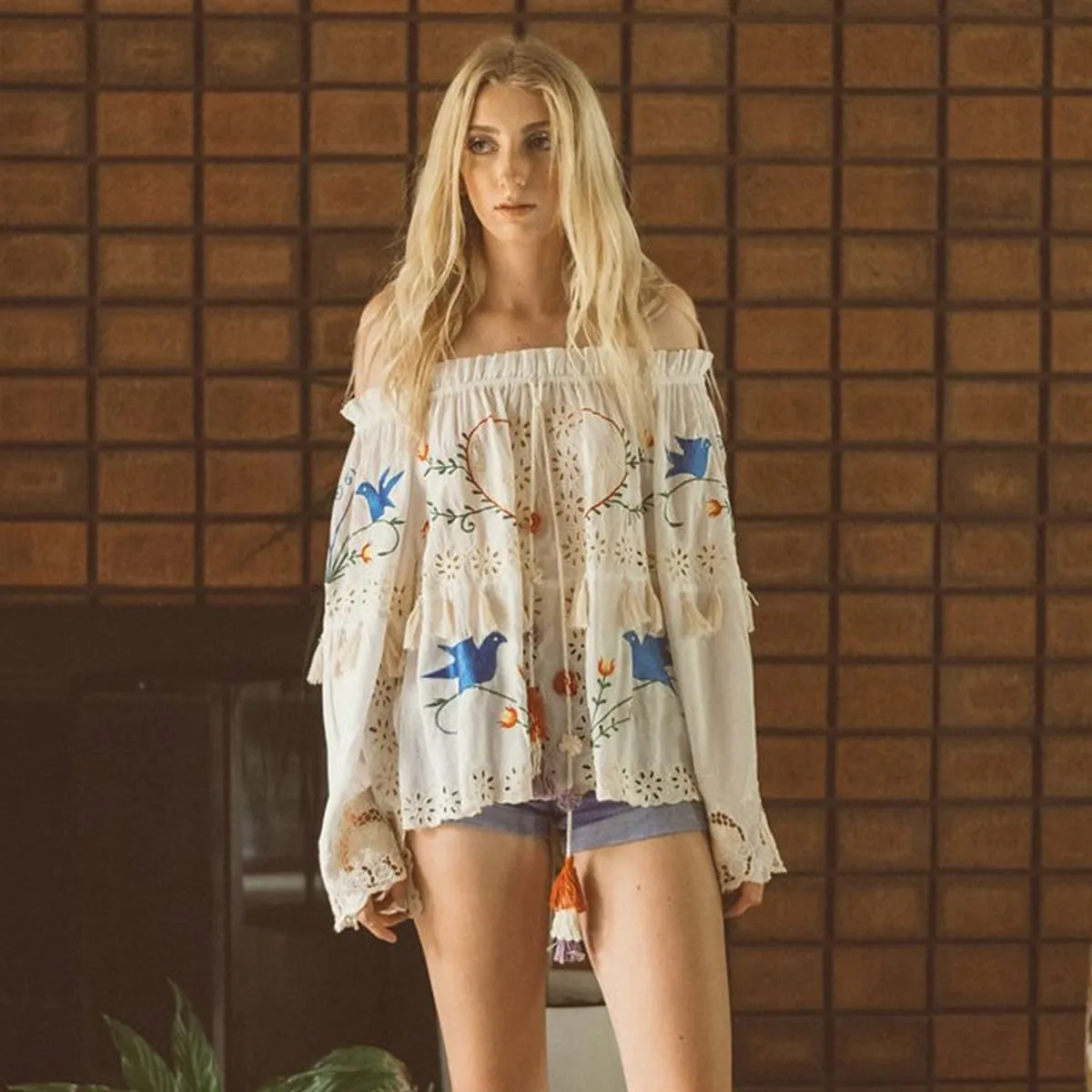 GRACE - Boho Off-shoulder Embroidery Blouse (to size XL)