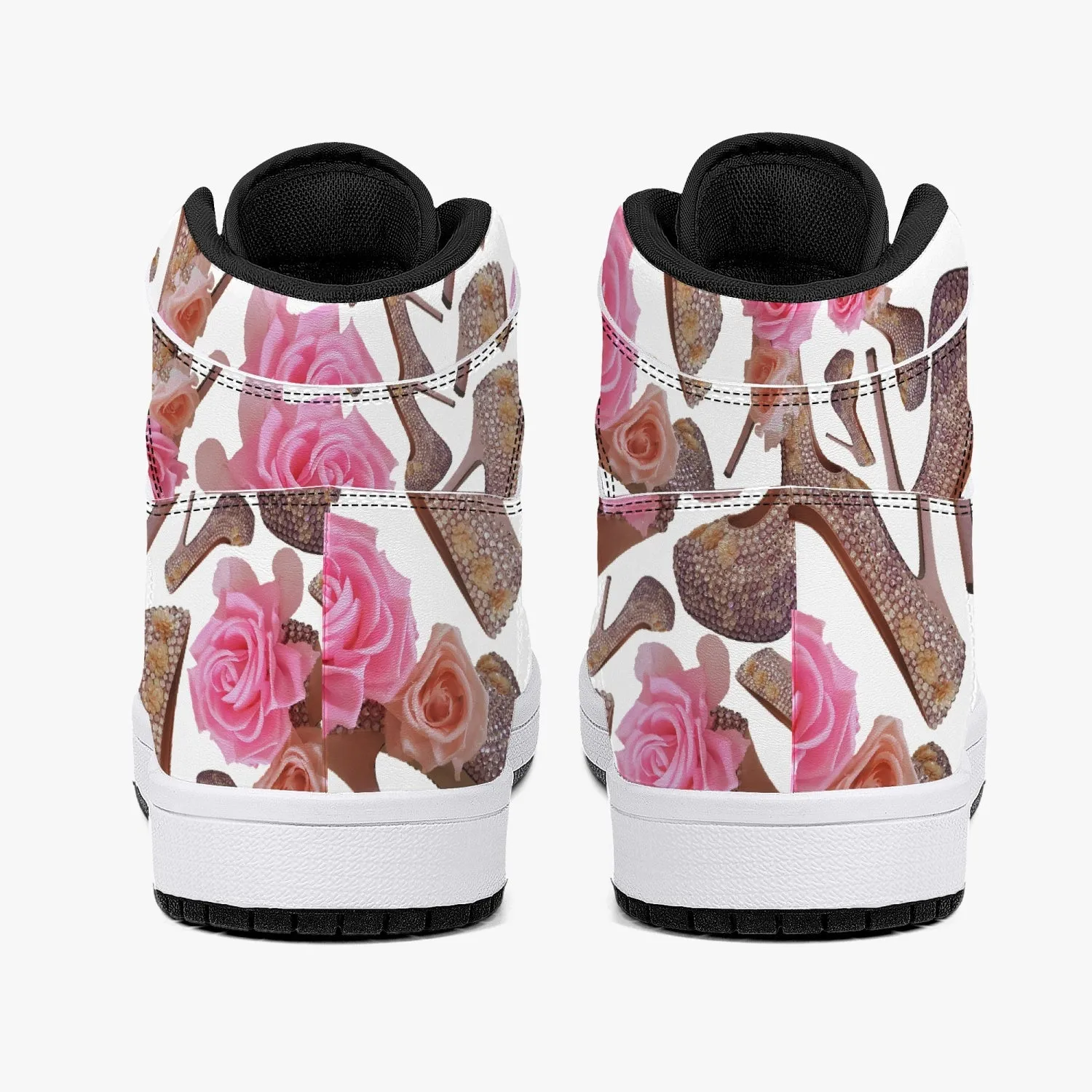 High-Top Leather Sneakers - White / Black 'Rose pink flower'
