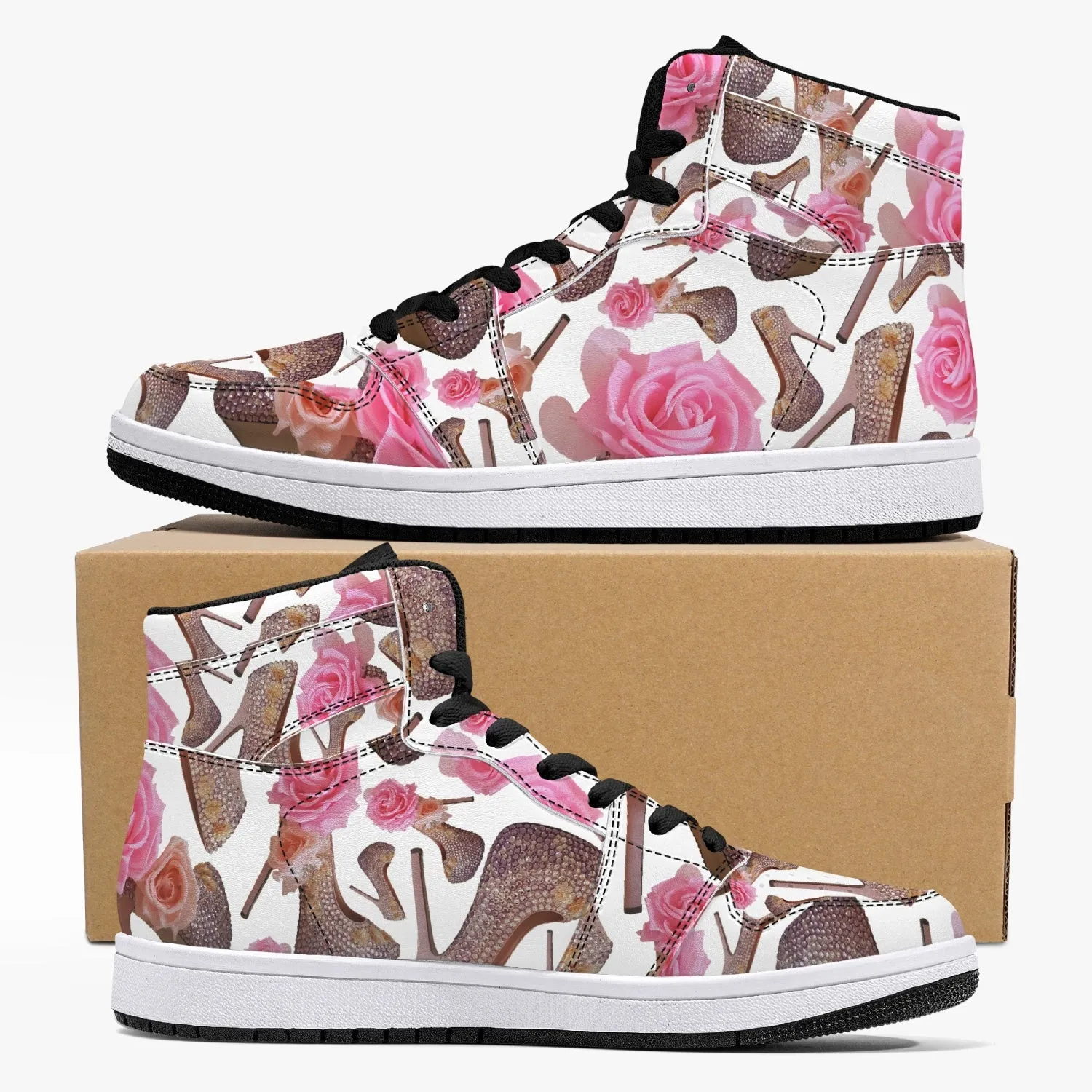 High-Top Leather Sneakers - White / Black 'Rose pink flower'
