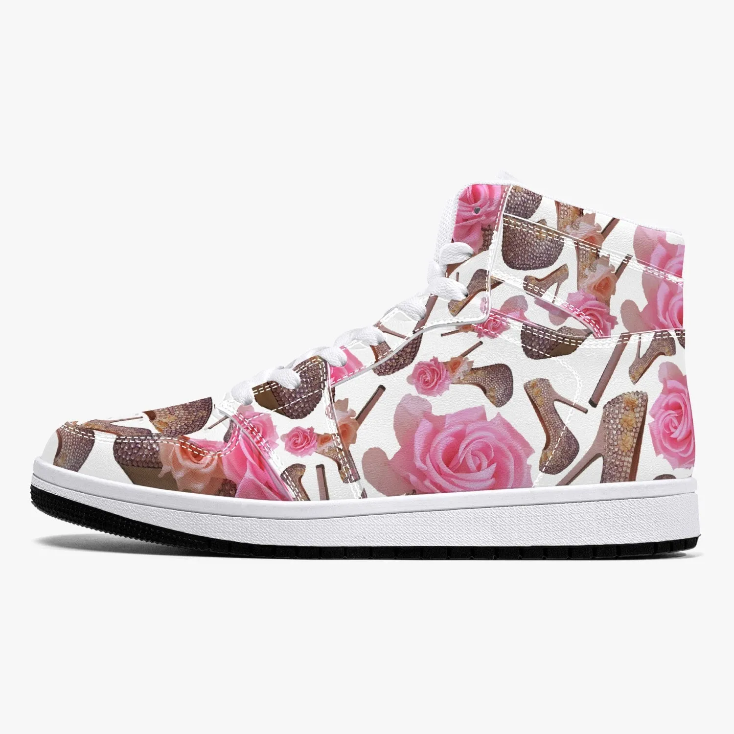 High-Top Leather Sneakers - White / Black 'Rose pink flower'
