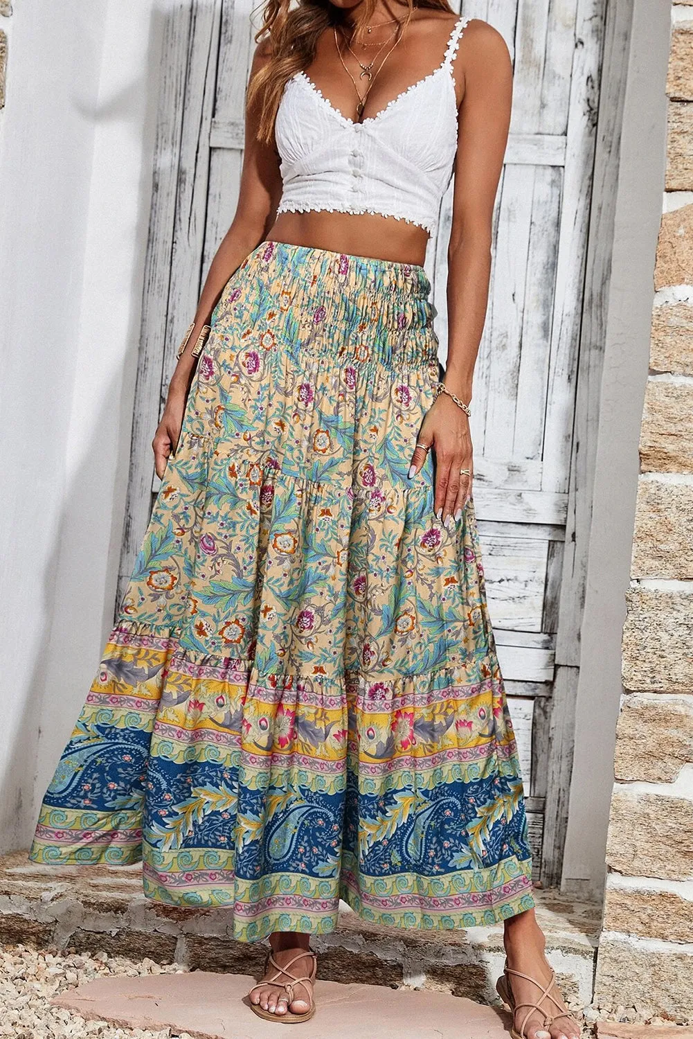 KaleaBoutique Boho Floral & Paisley Print Shirred Waist Long Skirt