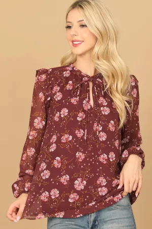 KEYHOLE TIE NECK RUFFLE DETAIL LONG SLEEVE FLORAL TOP