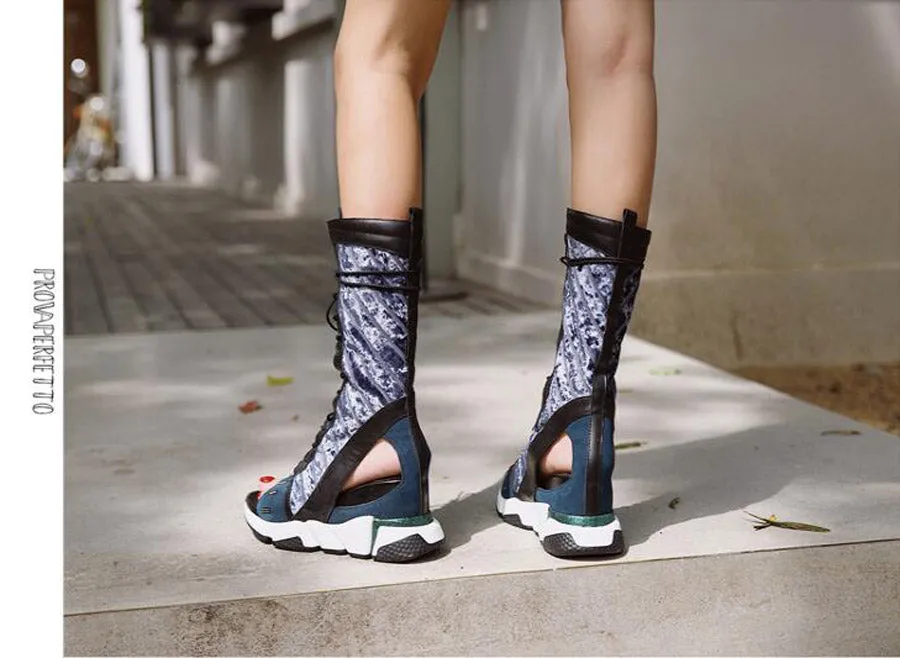 Lady genuine leather patchwork wedge heel sandals