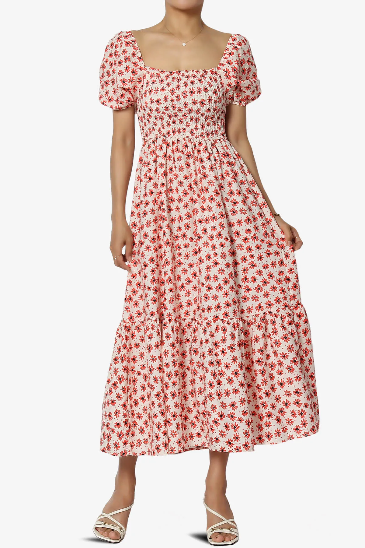 Meme Puff Sleeve Smocked Tiered Midi Dress