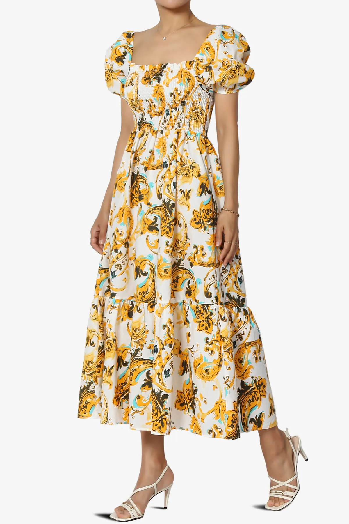 Meme Puff Sleeve Smocked Tiered Midi Dress