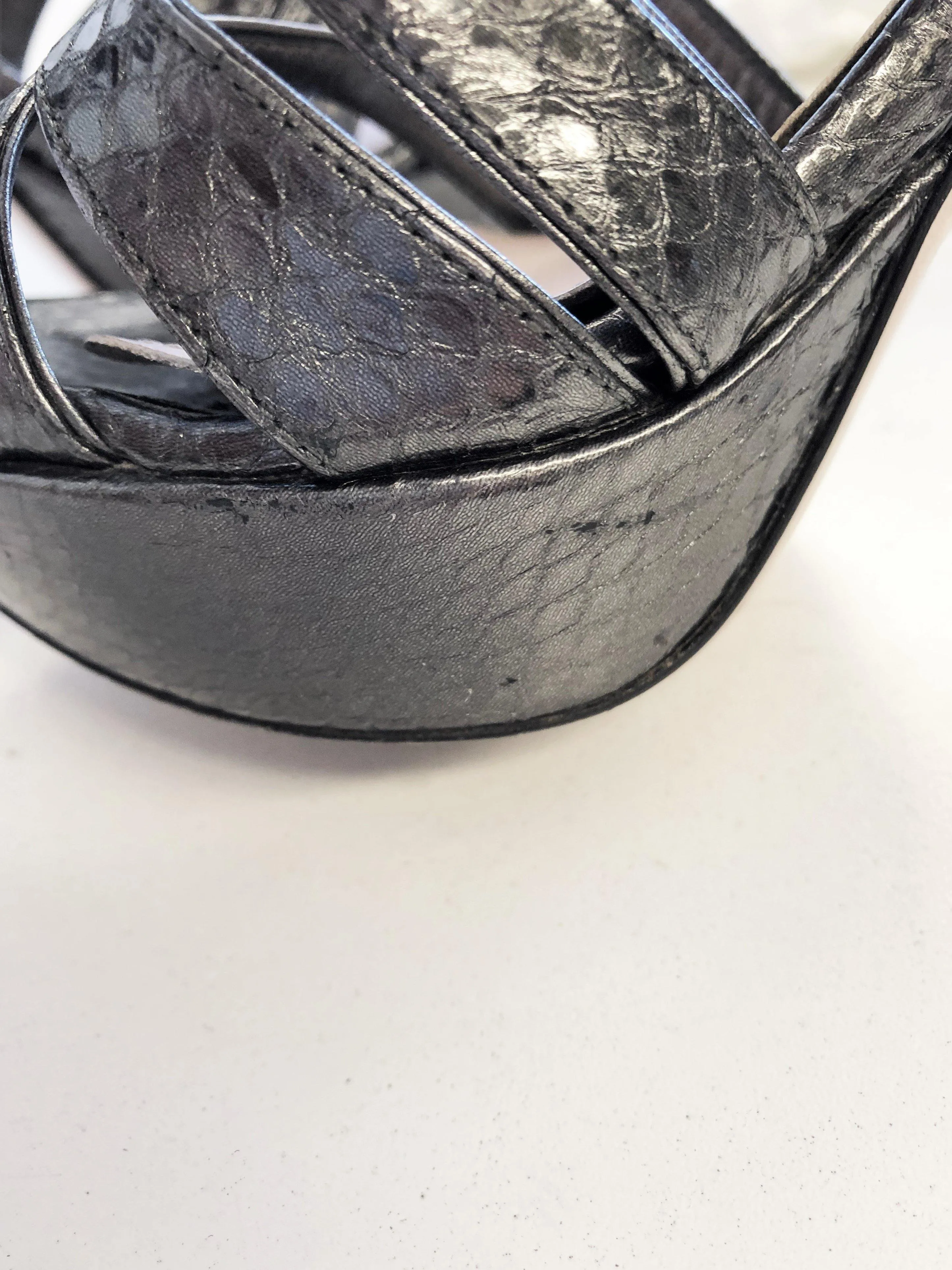Miu Miu Platform Sandals Anthracite Snakeskin Size 39 Strappy Slingback Heel