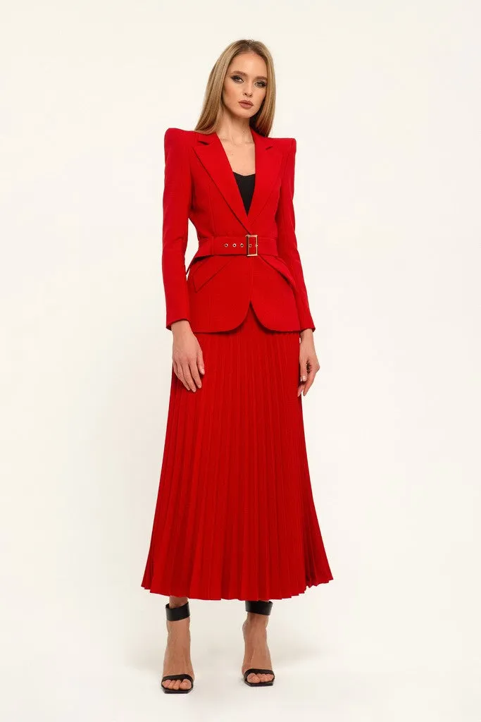 Red Office Pleated Tea Skirt
