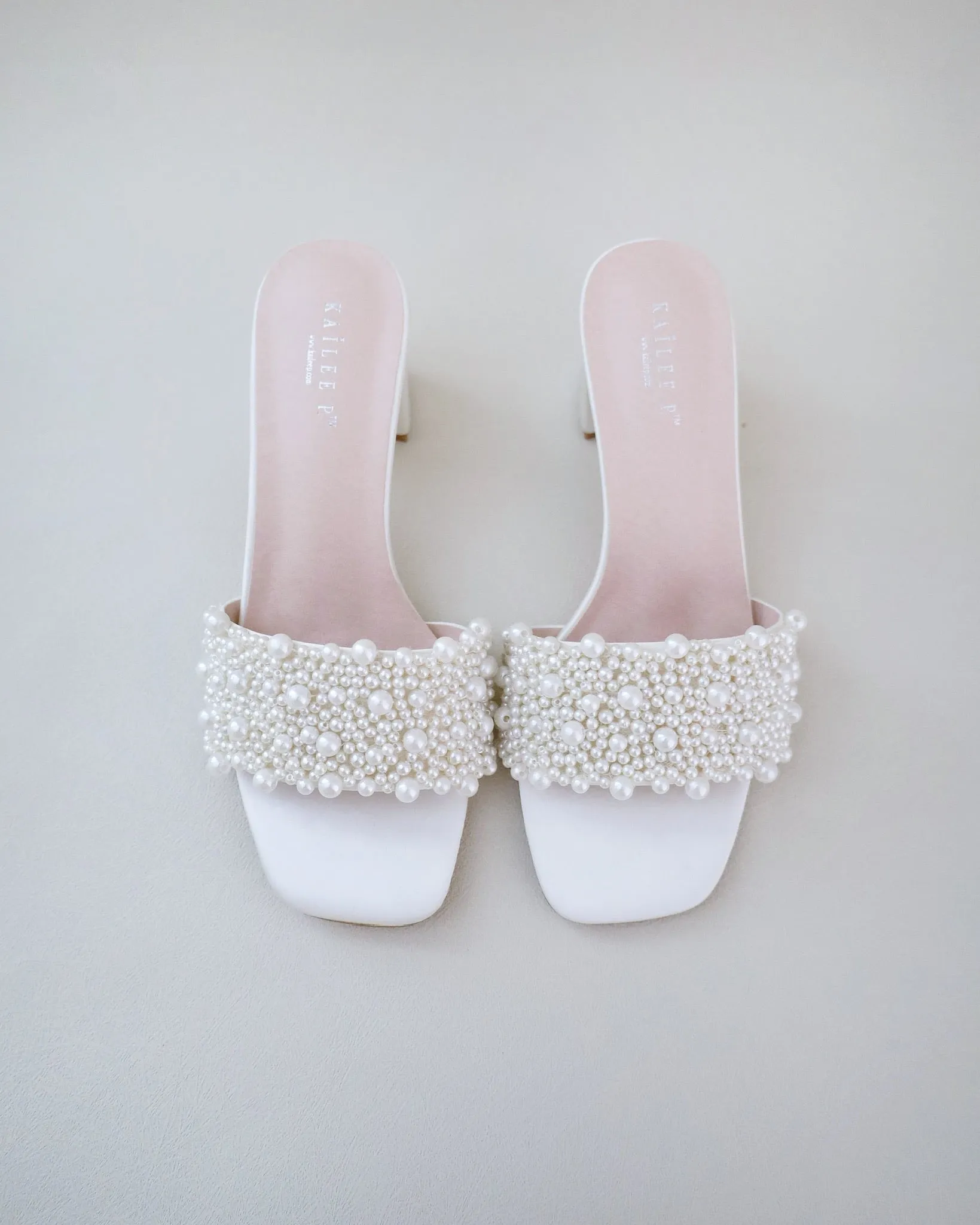 Satin Block Heels Slide Wedding Sandals with Perla Applique