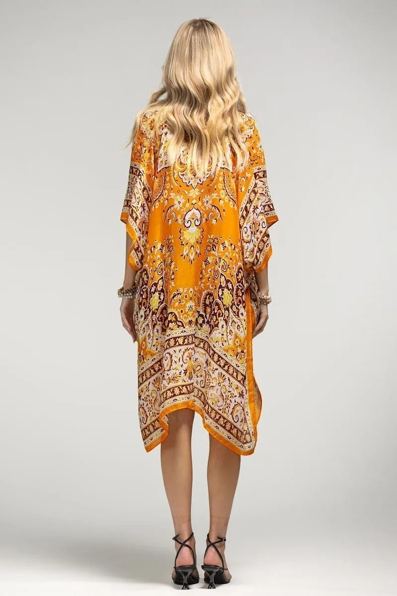 Summer Beachy Kimono Duster with Orange Paisley Mandala Pattern