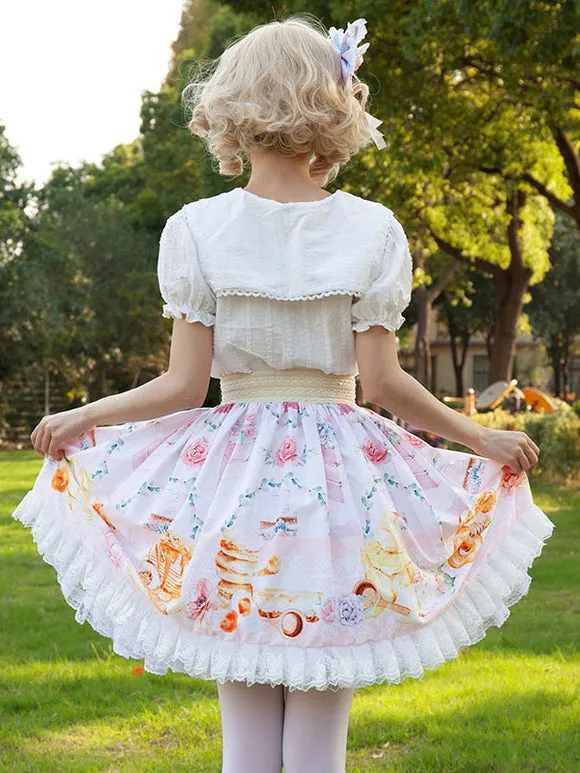 Sweet Lolita SK Angel Beats Ruffles Light Pink Floral Print Lolita Skirts