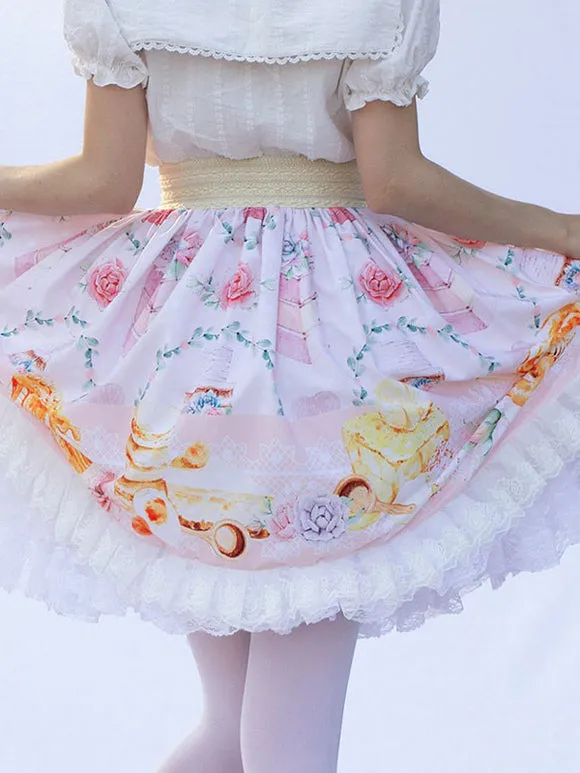 Sweet Lolita SK Angel Beats Ruffles Light Pink Floral Print Lolita Skirts