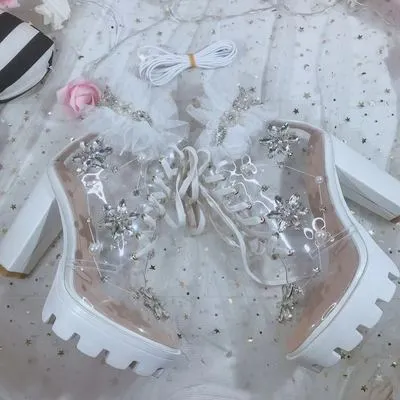 Transparent Rhinestone Pearl Lace Sandals Fashion Women Sweet