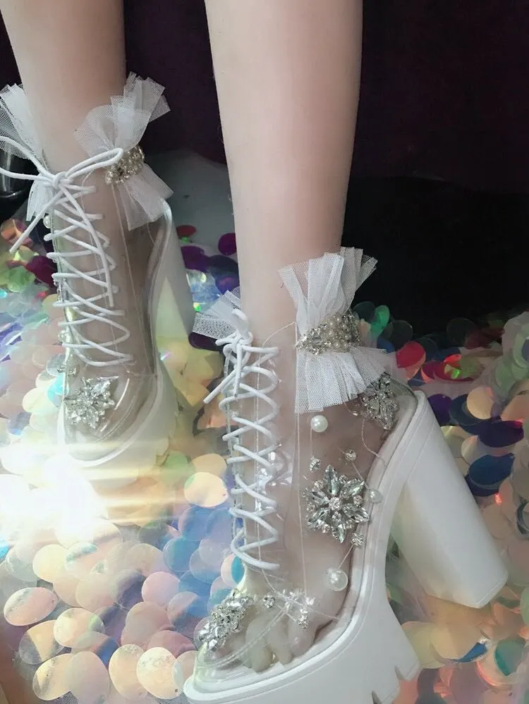 Transparent Rhinestone Pearl Lace Sandals Fashion Women Sweet