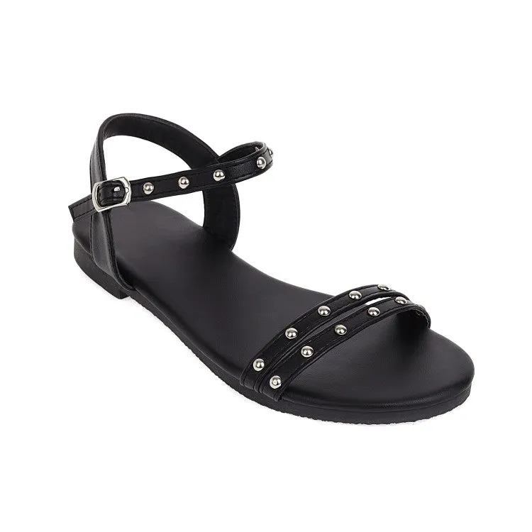 Women's Solid Color Rivets Ankle Strap Flat Sandals