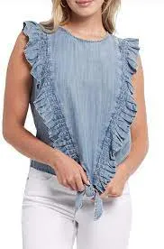Women's Tribal Jeans | Sleeveless Chambray Top with Tie Front | Blue